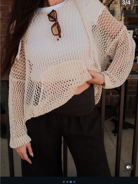 Light Cream Open-Knit Women's Sweater - Casual Layering Pullover
